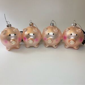 Blown Glass Pink Glitter Pig Christmas Ornaments Set of 4